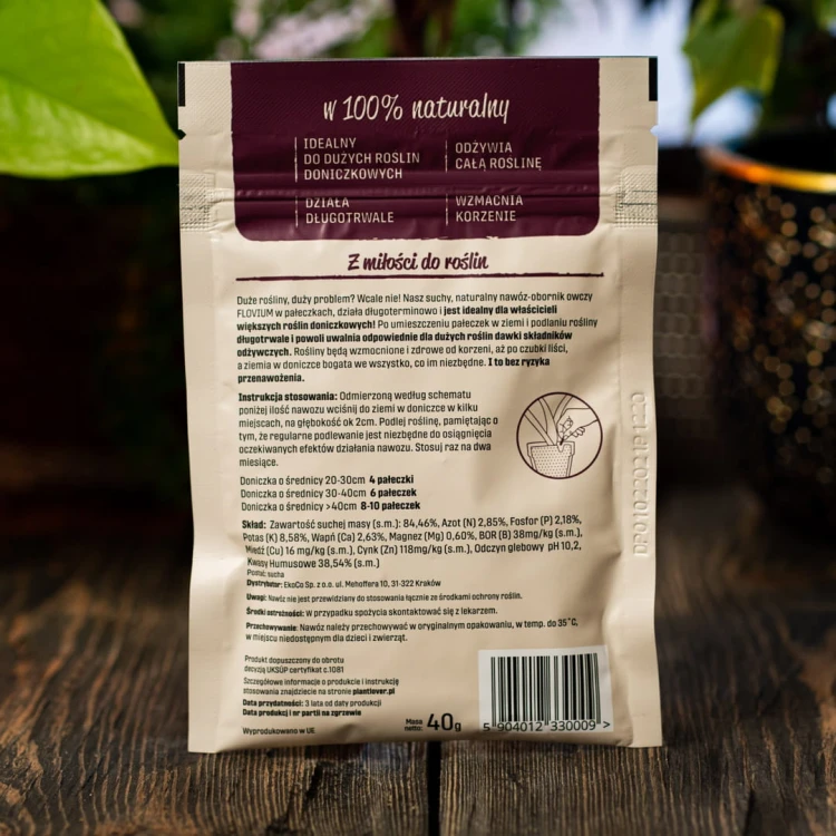 Nawóz Plant Lover 40 g pomaga dbać o duże rośliny doniczkowe, wspierając ich zdrowie i piękny wygląd.